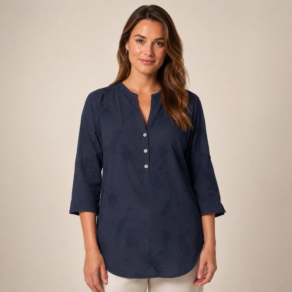 Royal Robbins Navy Blue Embroidered Cotton Tunic Top 3/4 Sleeve Womens Medium